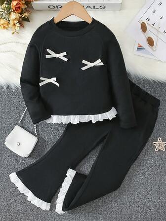 Young Girl Suit, Fashion Bow Lace Two Pieces Set For Girls, Popular Avant-Garde Lace Girl Bell Bottoms
