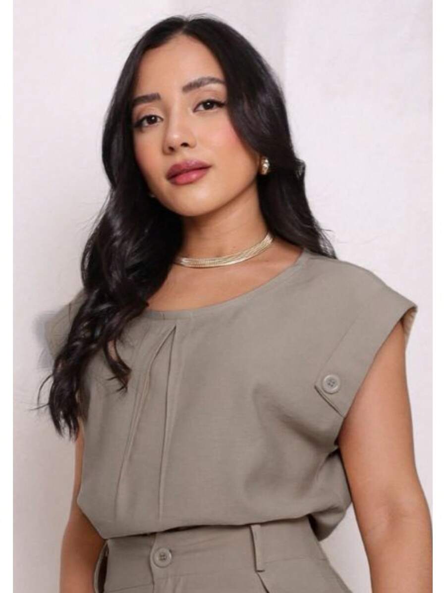 Women's Tailored T-Shirt Blouse With Buttons Round Neck - Grey - View 1