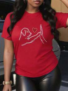 Camiseta Feminina Cachorro Fofo Amor Blusa Moda Casual Camisa 100% Algodão Malha 30.1 oversaind - Vermelho - Visão 1