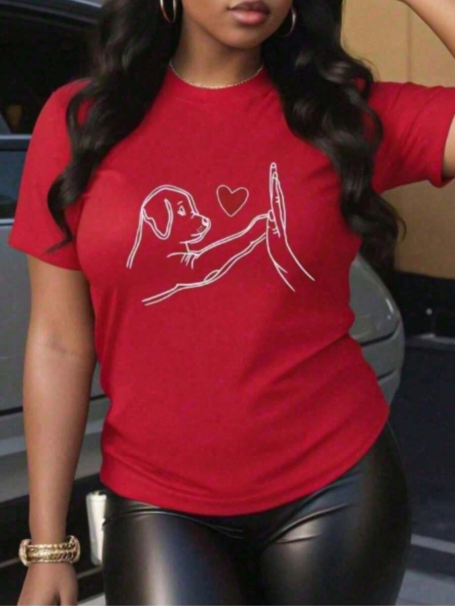 Camiseta Feminina Cachorro Fofo Amor Blusa Moda Casual Camisa 100% Algodão Malha 30.1 oversaind - Vermelho - Visão 1