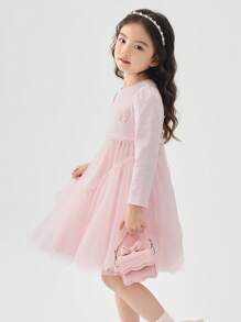 Balabala Gestricktes Tüllkleid für Mädchen, süßer Frühlingsstil mit Schleifendetail - weiß rot - Übersicht 2