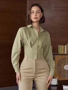 Women's Casual Stylish Short Turndown Collar Herringbone Patterned Single-Breasted Shirt Blouse, Long Sleeve Top, Suitable For Summer And Spring