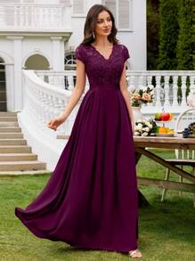 MIUSOL Vestido elegante de chifón para fiesta formal, boda o evento, con cuello en V de encaje floral, mangas cortas y bajo plisado