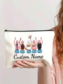 Custom Bridesmaids Name Bridal Print Zipper Cosmetic Bag, Travel Toiletry Storage Bag For Bachelorette Party Wedding, Team Bridal Print Portable Women's Cosmetic Bag, Toiletry Bag Multifunctional Bag Gift For Friends, Travel Cosmetic Bag