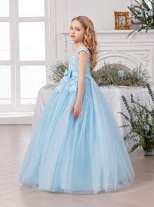 Tween Girl Independence Day Bow Embroidered Mesh Party Dress, Elegant Princess Dress, Suitable For Girls' Dresses, Birthday Party Gifts, Prom Parties, Important Occasions, Flower Girl Dresses, Wedding Dresses, Holiday Celebration Outfits,Blue Dresses For Girls,Thanksgiving Dress