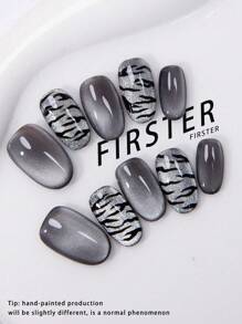 10 Stück handgemachte kurze ovale Kunstnägel, schwarz, Katzenaugen-Zebramuster Vollabdeckung wiederverwendbare Aufklebe-Nägel für Frauen, Reisen, Partys, Dates, Büroalltag, Festivitäten, Nagelbedarf