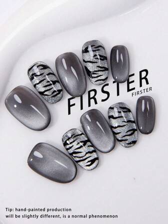 10 件手工短椭圆形假指甲，黑色，猫眼斑马图案全覆盖可重复使用按压指甲适合女性旅行、派对、约会、办公室日常、节日场合美甲用品指甲