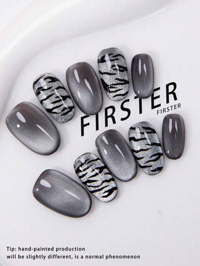 10 件手工短椭圆形假指甲，黑色，猫眼斑马图案全覆盖可重复使用按压指甲适合女性旅行、派对、约会、办公室日常、节日场合美甲用品指甲