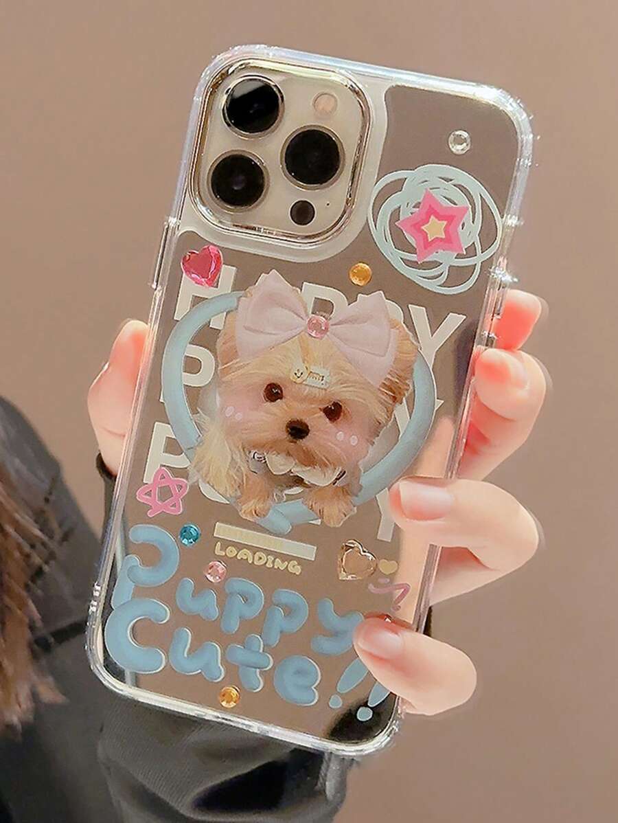Slogan 1pc Cute Pet Cat/Dog Cartoon + Colorful Rhinestone DIY Phone Case Compatible With Apple IPhone 16/15/14/13/12/11 Series - Multicolor - View 1