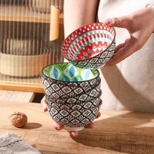 6pcs 4.72-Inch Glazed Ceramic Bowl Set, Bohemian Style Ceramic Bowls, Cereal Bowl, Soup Bowl, Dessert Bowl, Salad Bowl, Rice Bowl, Dishwasher/Oven/Microwave Friendly, Multi-Functional Kitchen & Dining Ware,School Supplies