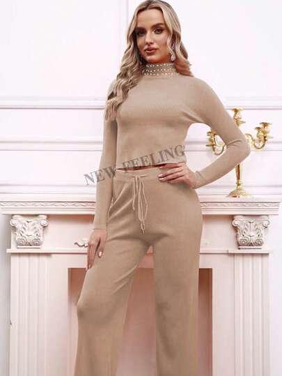 Escote de hilo hilado con cuentas de burbujas, cuello medio alto, top corto de manga larga con pantalones largos, traje de lana