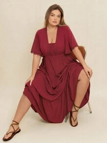 Rusttydustty 2025 Frühlings- und Sommer-Kleid in Große Größen mit roter Spitze, V-Ausschnitt, Rüschenärmeln, locker geschnitten, geeignet für Hochzeitsessen, Strandurlaub, Musikfestivals, tropische Urlaubsreisen nach Hawaii
