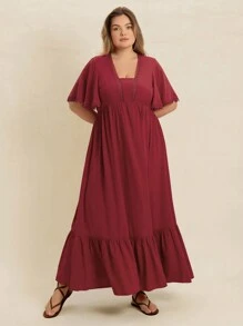 Rusttydustty 2025 Frühlings- und Sommer-Kleid in Große Größen mit roter Spitze, V-Ausschnitt, Rüschenärmeln, locker geschnitten, geeignet für Hochzeitsessen, Strandurlaub, Musikfestivals, tropische Urlaubsreisen nach Hawaii