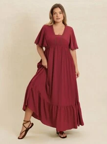 Rusttydustty 2025 Frühlings- und Sommer-Kleid in Große Größen mit roter Spitze, V-Ausschnitt, Rüschenärmeln, locker geschnitten, geeignet für Hochzeitsessen, Strandurlaub, Musikfestivals, tropische Urlaubsreisen nach Hawaii