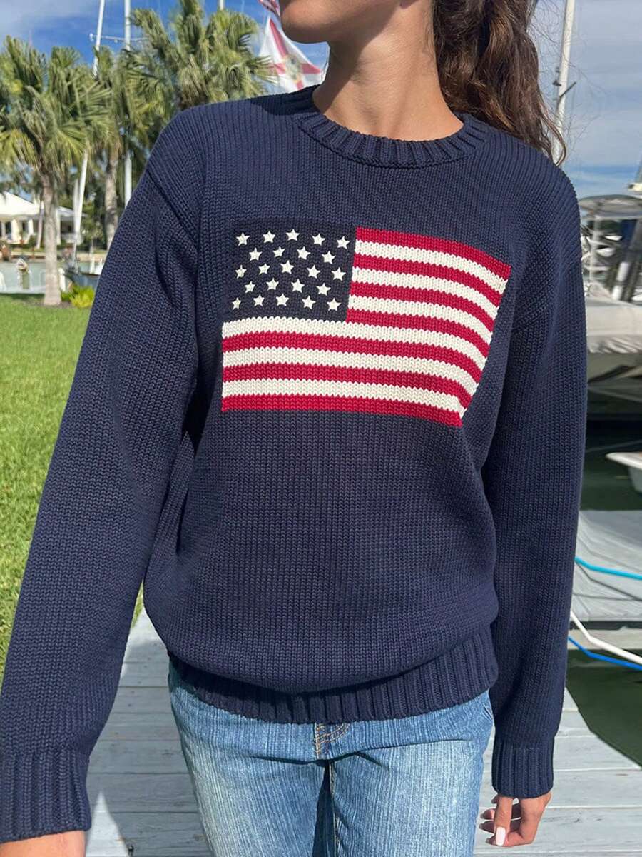 Women's Long Sweaters Flag Patterned Long Sleeve Round Neck Ribbed Loose Knitted Tops - Navy Blue - View 1