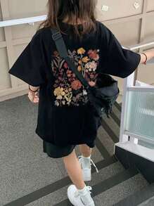 Women's Floral Print Loose Fit Crewneck Short Sleeve T-Shirt, Spring/Summer - Black - View 1