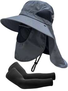 [2pcs/Set]Ice Sleeve+Wide Brim Bucket Hat With UPF 50+ Sun Protection, Foldable Boonie Hat With Neck Flap For Men Outdoor Sun Hat Bucket Hat, Sun Cap & Ice Sleeve - Grey - View 13