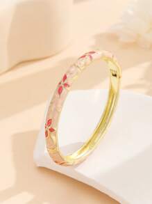 1pc Fashionable Gold-Plated Floral Enamel Oval Bangle Bracelet, Jewelry For Women & Girls - Flower - View 14