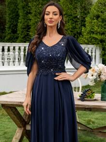 MIUSOL 优雅 V 领亮片花卉蕾丝褶皱下摆正式派对礼服、婚礼宾客礼服、晚礼服、长袍