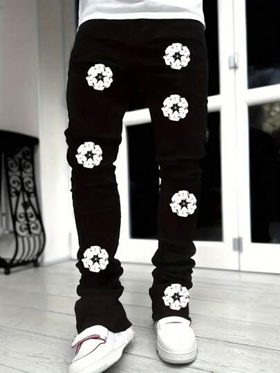 Men's Solid Color Slim Fit Jeans With Slant Pockets Long Flared Leg Washed Denim Jeans With Printed Pattern Solid Black Jeans, Party & Street Style, Hip Hop, Emo