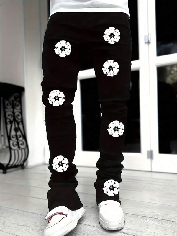 Men's Solid Color Slim Fit Jeans With Slant Pockets Long Flared Leg Washed Denim Jeans With Printed Pattern Solid Black Jeans, Party & Street Style, Hip Hop, Emo