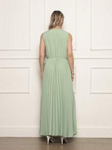 Sleeveless Pleated Maxi Dress With V-Neck And Adjustable Waist - Elegant And Versatile For Events - Màu xanh Bạc hà - Xem 5