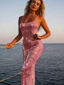 Vestido com Alça Fina Sexy com Brilho de Strass, Vestido de Festa Elegante da Moda, Vestido Longo para Banquete, Vestido de Convidada de Casamento, Vestido Formal