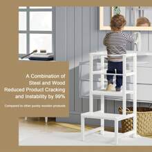 INNOD Toddler Kitchen Step Stool, Adjustable Height Learning Tower With Rail, Steel & Wood Kitchen Stool For Kids, Toddler Helper Stool For Kitchen, Non-Slip Toddler Tower - 白色 - 查看 3