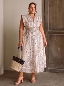 Sollinarry Women Plus Size Sleeveless Button Front Floral Print Dress - Apricot - View 2