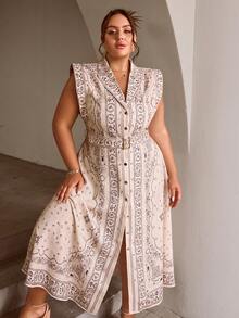 Sollinarry Women Plus Size Sleeveless Button Front Floral Print Dress - Apricot - View 8