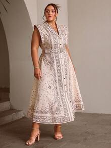 Sollinarry Women Plus Size Sleeveless Button Front Floral Print Dress - Apricot - View 7