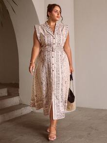 Sollinarry Women Plus Size Sleeveless Button Front Floral Print Dress - Apricot - View 6