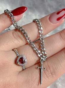 2pcs/Set Gothic Creative Personalised Heart And Sword Promise Ring Ladies Bracelet Ring Set, Valentine's Day Gift, Jewellery Accessories,Mom,Mother,Mother's Day,Gift