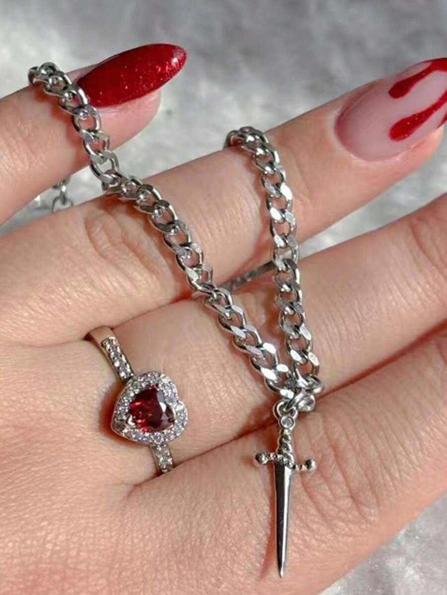 2pcs/Set Gothic Creative Personalised Heart And Sword Promise Ring Ladies Bracelet Ring Set, Valentine's Day Gift, Jewellery Accessories,Mom,Mother,Mother's Day,Gift