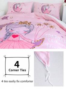 Juego de ropa de cama de 2/3 piezas con estampado digital de luna y estrellas crecientes con tema de princesa, suave y lindo juego de ropa de cama de poliéster adecuado para todas las estaciones
