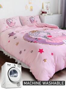 Juego de ropa de cama de 2/3 piezas con estampado digital de luna y estrellas crecientes con tema de princesa, suave y lindo juego de ropa de cama de poliéster adecuado para todas las estaciones