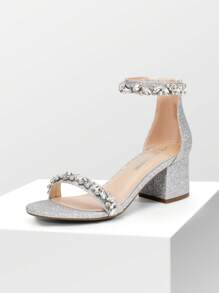 Women Chunky Low Heel Pump Sandals  Rhinestone Decor Ankle Strap Open Toe Heeled Sandals, For Daily Wearing Prom Party Wedding - Silver - View 1
