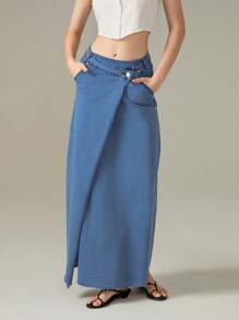 Womens Denim Wrap Long Skirt A-Line Hem Solid Color Button-Up Closure Casual Skirts - Royal Blue - View 3