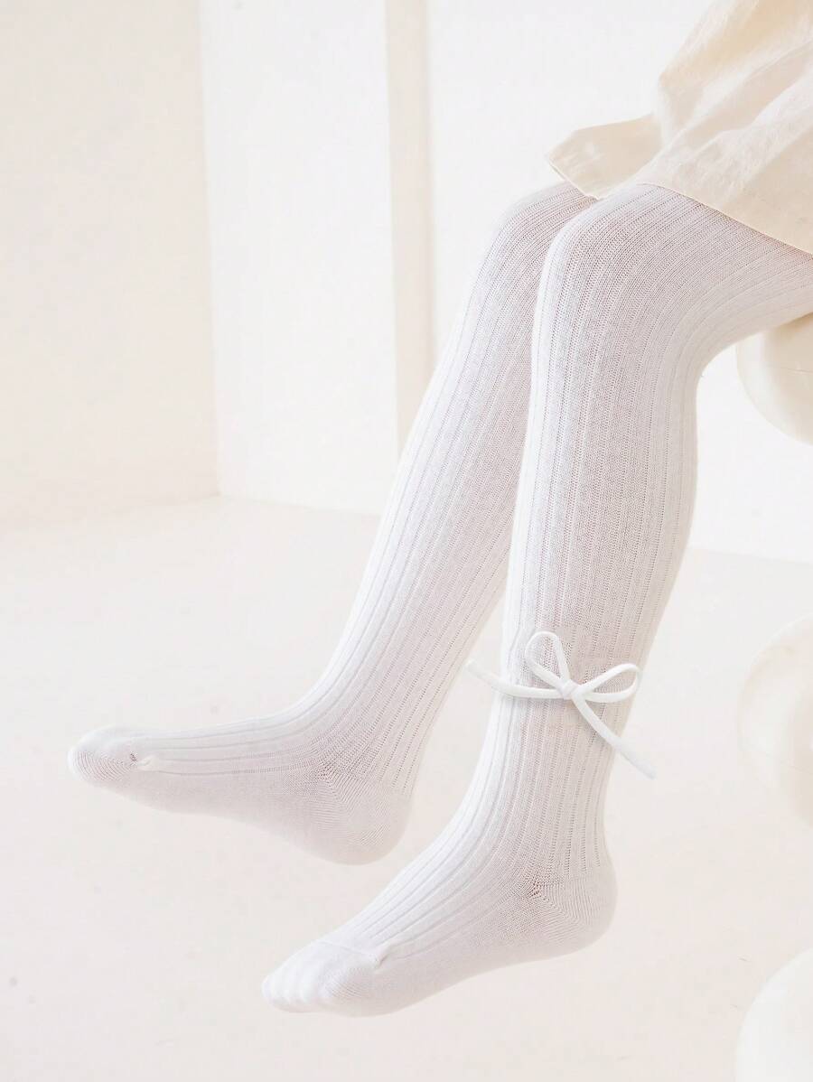 1 قطعة من جوارب ضيقة للبنات مع زخرفة الفيونكة، جوارب رفيعة للربيع/الخريف - أبيض - مشاهدة 1