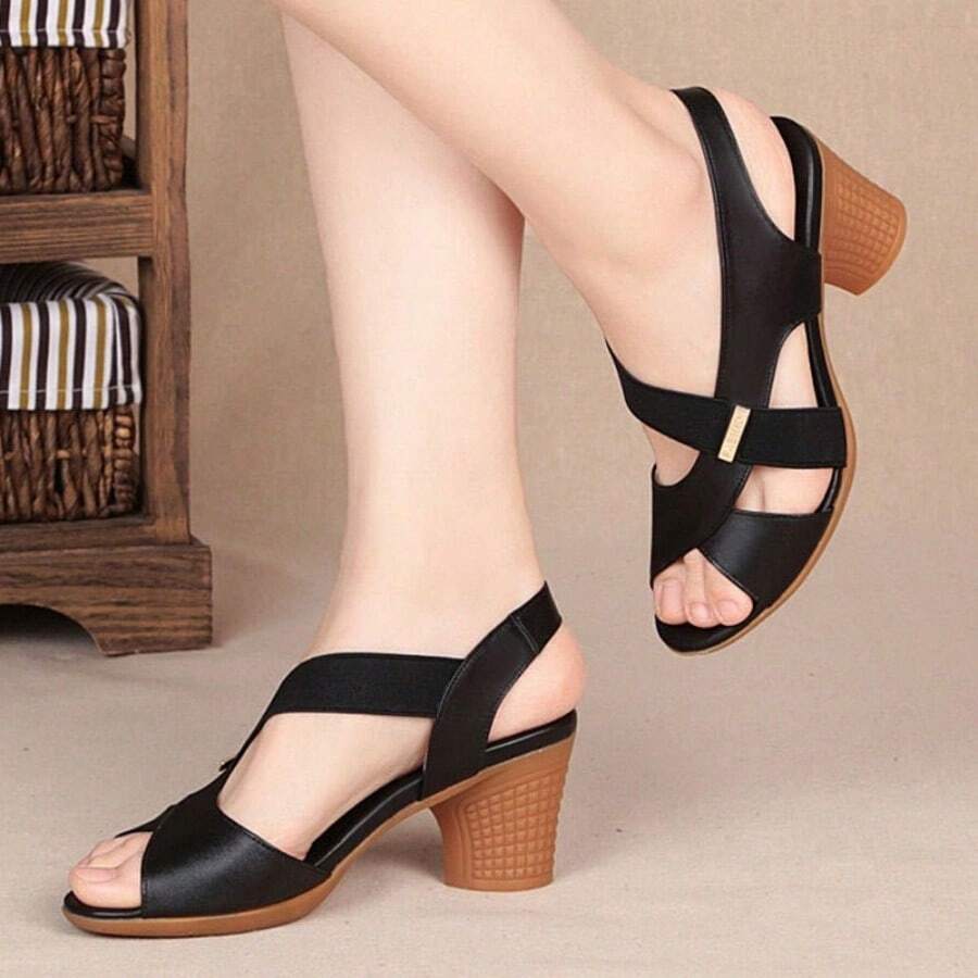 Nueva sandalias de tacón medio femenino verano boca de pescado conjunto pie grueso con tacones altos de color viento simple madre de mediana edad zapatos - Negro - Ver 1