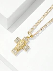 1 件欧美风格多层浮雕铜镶嵌锆石 14K 金和圣母玛利亚吊坠项链，适合母亲/情侣/朋友/信徒礼物，日常/节日佩戴和祈祷 - 金黃色 - 查看 5