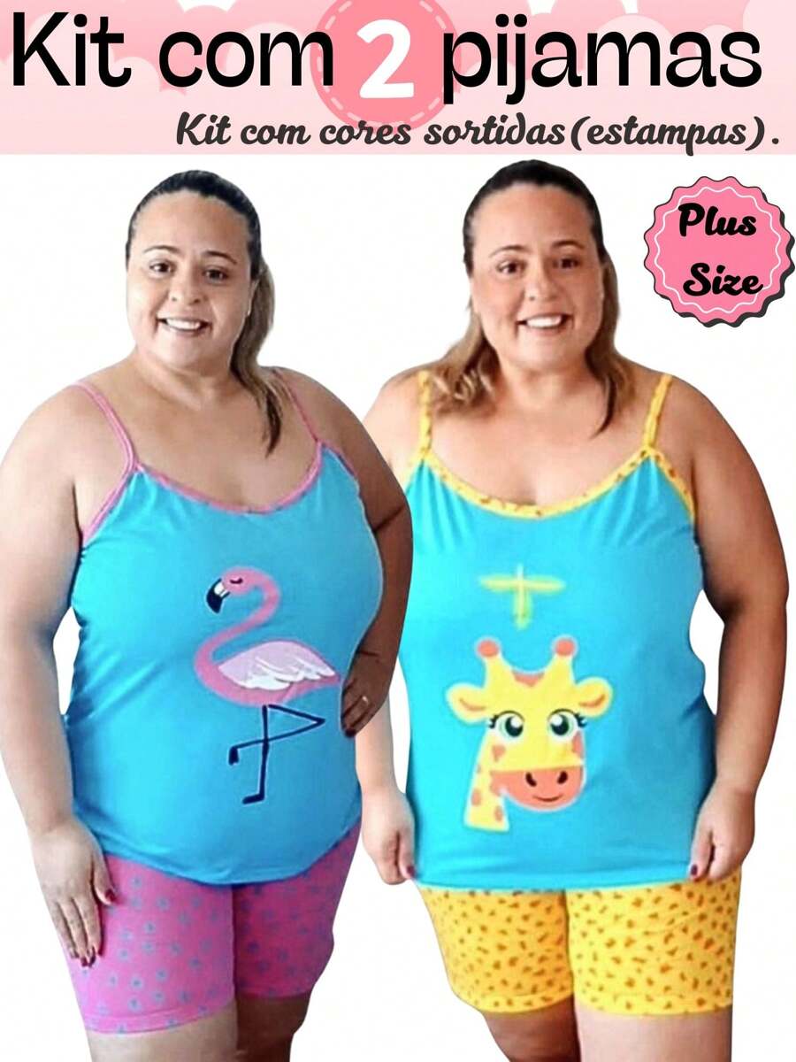 Kit With 2 Plus Size Women's Pajamas With Straps (48/50/52/54) Luxury In Premium Knit Assorted Prints. - 彩色 - 查看 1