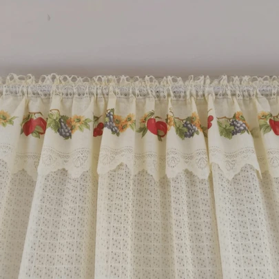 1pc cortina de encaje delgado blanco/hueso para cocina 1mtr/2mtrs ancho x 1.10 alto con motivos de cocina; frutero, teteras y floreros, canasta, miel. Se recomienda lavar a mano