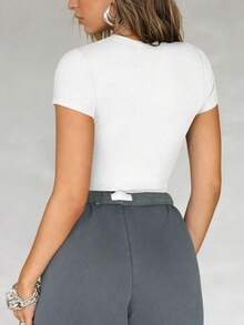 女士 T 恤性感夏季运动休闲家居通勤纯色 V 领短袖上衣 - 白色 - 查看 2