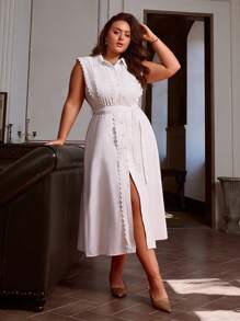 Simplee Plus Size Women's Summer New Front Button Sleeveless Lace Patchwork Dress, Office Wear, Teachers Outfit - White - View 1