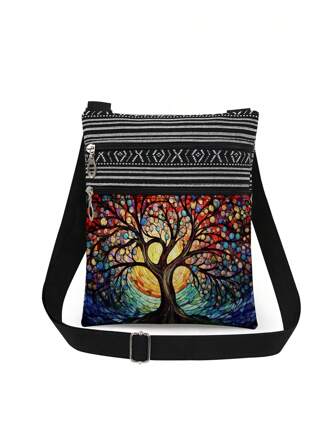 Mode unisex Tree of Life-mönster Crossbody-väska, Återanvändbar Casual Messenger-väska, Färgglad axelväska med trädtryck med justerbar rem, present till Tree of Life-älskare
