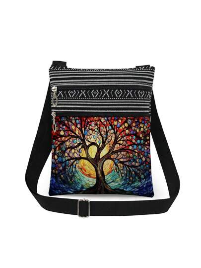Fashion Unisex Tree Of Life Pattern Crossbody Bag, Reusable Casual Messenger Bag, Colorful Tree Print Shoulder Bag With Adjustable Strap, Gift For Tree Of Life Lovers