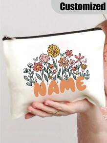 [Custom Made] Polyester Flower Design Cosmetic Bag For Women - Waterproof, Large Capacity,Personalized Name,Unscented, Portable Zip Makeup Pouch, Travel Essential, Gift For Flower Lovers - Exclusive Gift - Beige - View 4