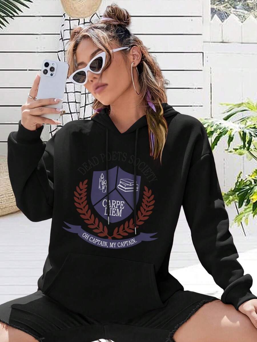 Dead Poets Society Big Size Women Hoodie Carpe Diem Coming-Of-Age Classic 'O Captain My Captain' Robin Williams - 黑色 - 查看 1