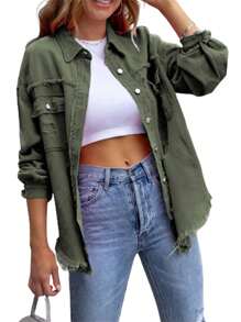 Women's Spring Autumn Denim Coat Lapel Long Sleeve Solid Color Button Up Ripped Jean Jacket - Army Green - View 4
